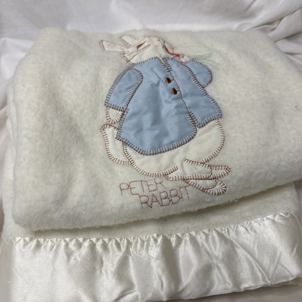 Vintage Quiltex Beatrix Potter Peter Rabbit Embroidered Satin Edge Baby Blanket